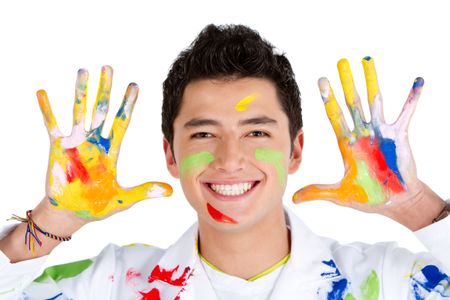 Male painter with hands dirty and smiling ? isolated over white