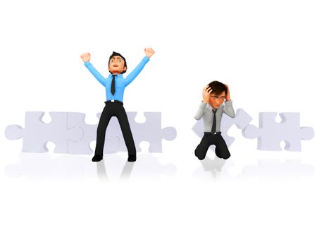 3D Business winner and looser assembling a puzzle - isolated over white