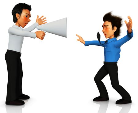 3D business man screaming on a megaphone to a guy - isolated over white
