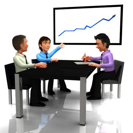 3D Business man in meeting watching a growth graph - isolated over a white background