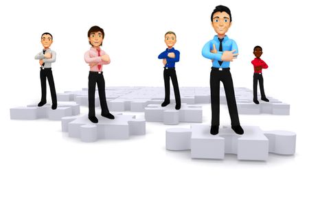 3D business men standing on the pieces of a puzzle - isolated