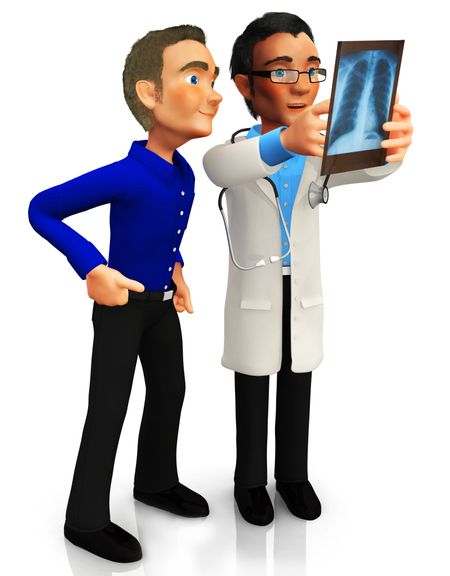 3D doctor looking at an x-ray with a patient - isolated over a white background