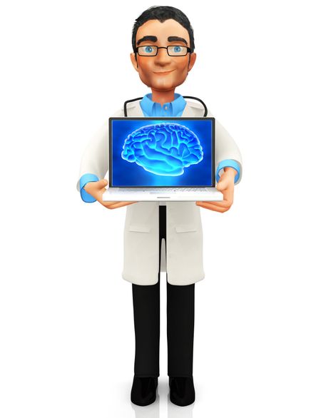 3D doctor holding a laptop displaying a brain - isolated over a white background