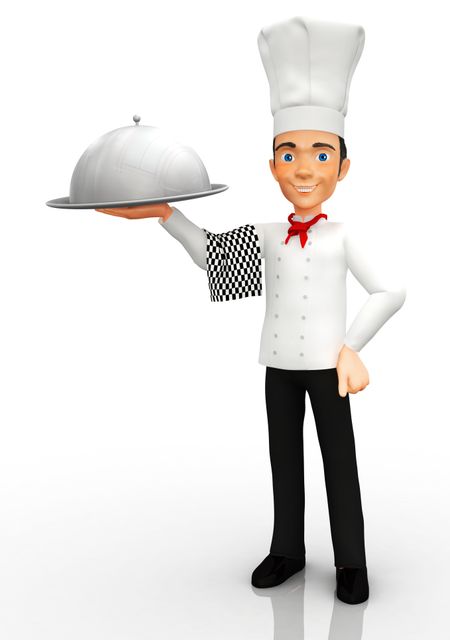3D Chef holding a silver tray - isolated over a white background