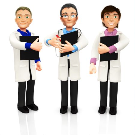 3D group of doctors with a stethoscope and clipboards - isolated over a white background