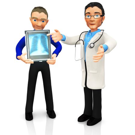 3D doctor looking at an x-ray of a patient - isolated over a white background