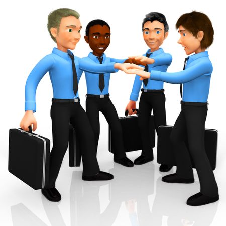 3D business team with hands together in the middle - isolated white
