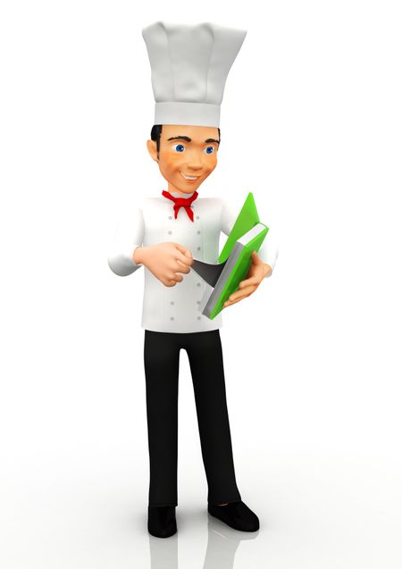 3D Chef looking for a recipe in a book - isolated over a white background