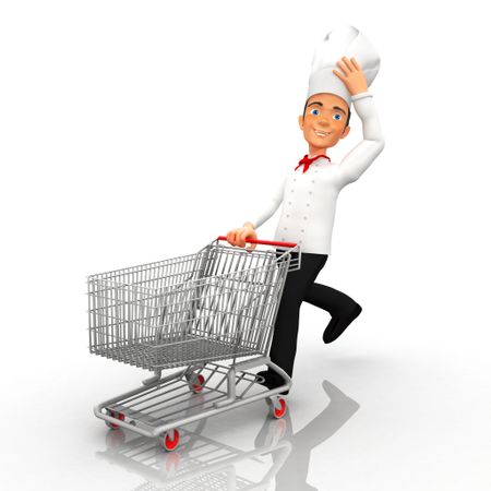 3D chef with a shopping cart - isolated over a white background