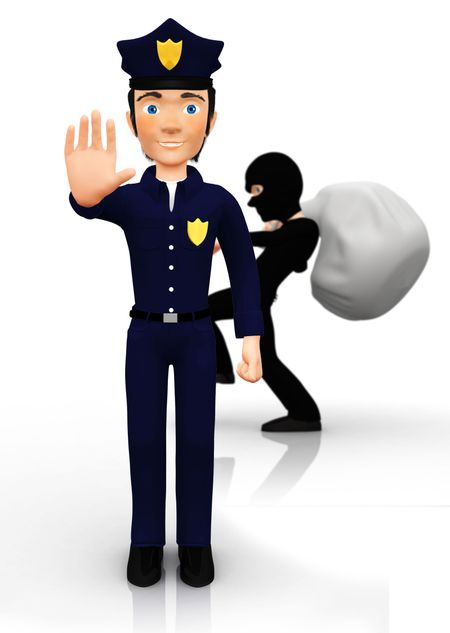 3D burglar escaping from the police ? isolated over a white background