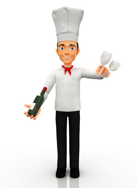 3D Chef with a bottle of wine and glasses - isolated over white