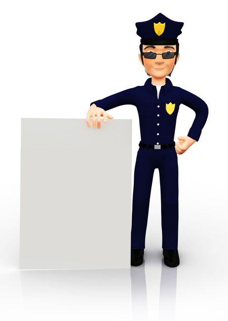 3D policeman with a banner and sunglasses ? isolated over a white background