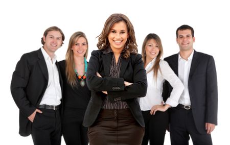 Business woman leading a successful corporate group ? isolated