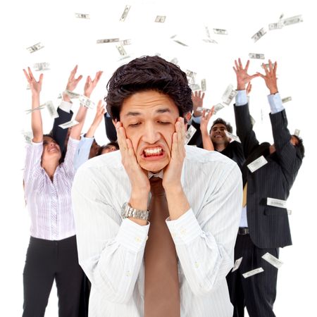 stressed-business-man-leading-successful-corporate-84202201 Stressed out business man leading a successful corporate group under a money rain