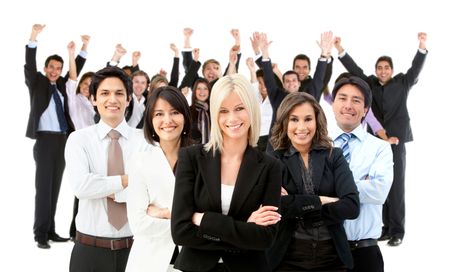 Large and very happy business group - isolated over a white background