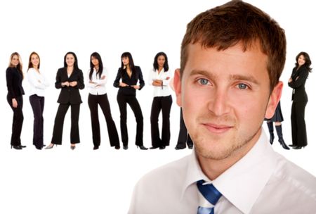 Business man with a successful group of women ? isolated
