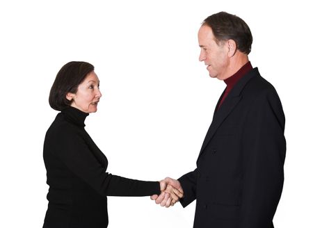 business couple shaking hands over a white background
