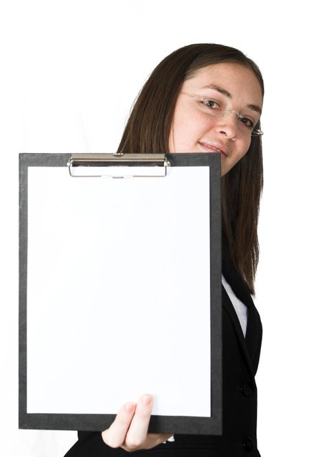 business woman with folder for you to write something on it
