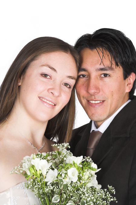 bride and groom portait with flowers over a white background