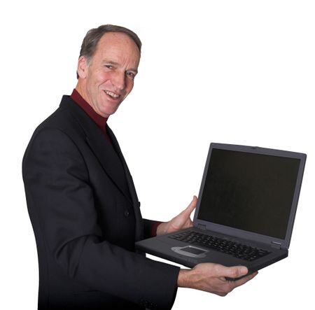 Business man showing something on his laptop