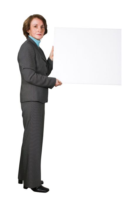 business women holding a banner for you to write something on it