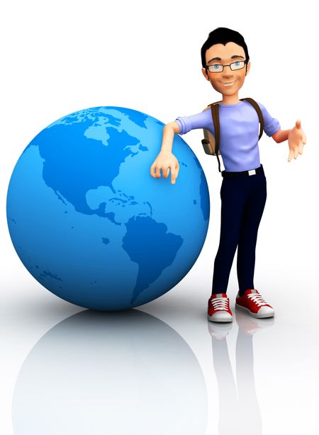 3D worldwide traveler with the globe and a backpack - isolated