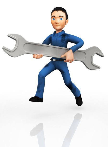 3D plumber worker with a wrench - isolated over a white background