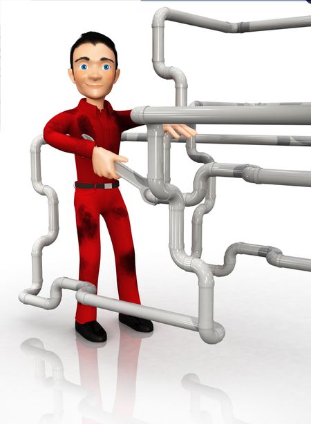 3D plumber working on some pipes - isolated over a white background