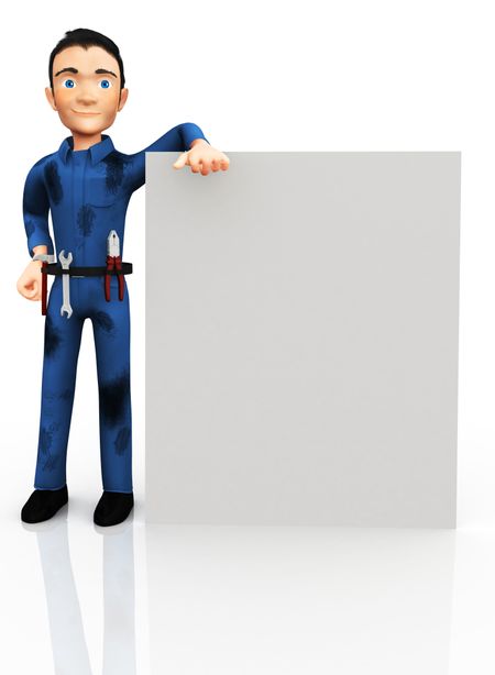 3D plumber with a banner and tools - isolated over a white background