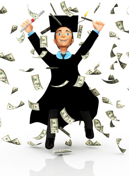 3D successful male graduate under a money rain - isolated over white