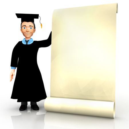 3D male graduate holding a banner or degree - isolated over white
