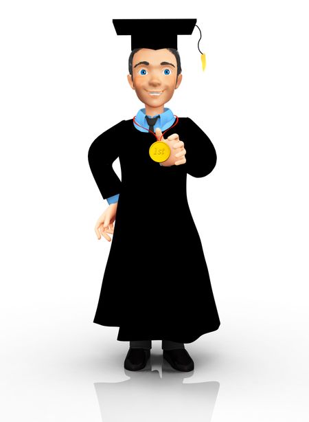 3D Happy male graduate with arms up - isolated over white