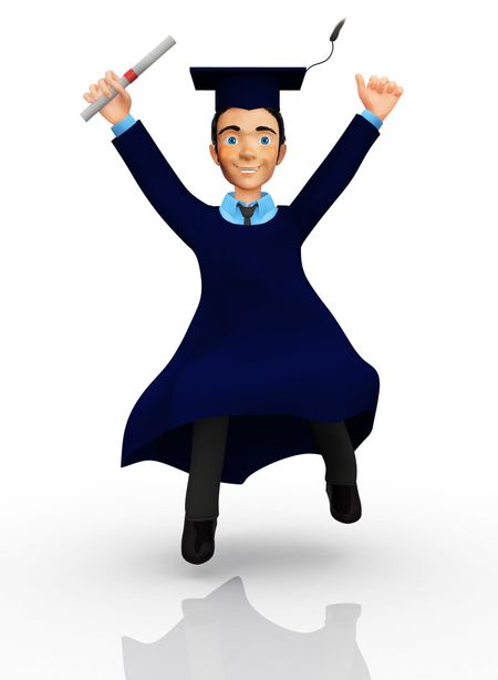 3D Happy male graduate with arms up - isolated over white