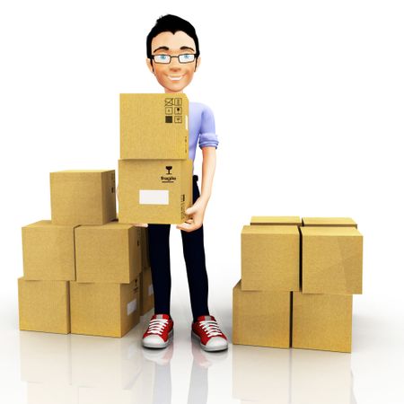 3D man moving house and carrying boxes ? isolated