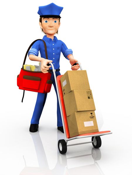 3D mailman delivering packages - isolated over white