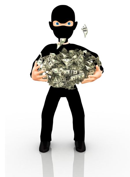 3D thief with a facemask holding dollars - isolated