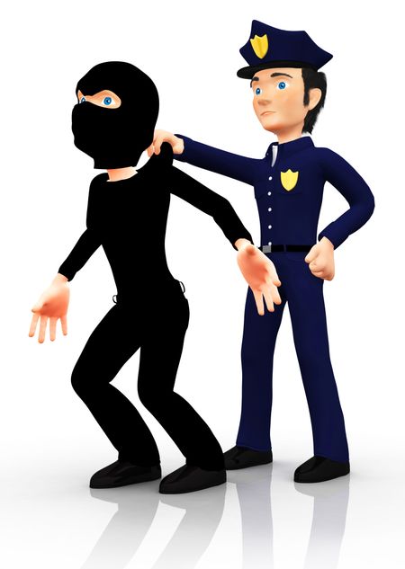 3D police officer arresting a thief ? isolated over a white background