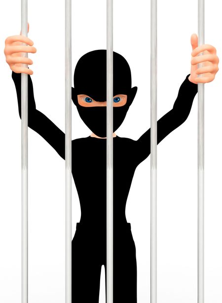 3D thief in prison behind bars ? isolated over a white background