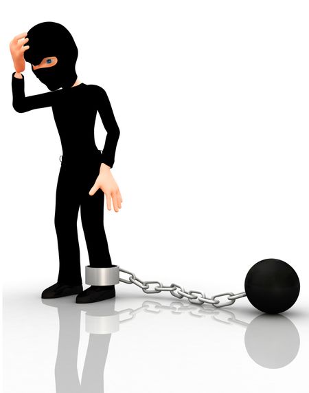 3D arrested thief with a ball and leg chain ? isolated over a white background