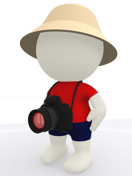 3D tourist with a digital camera and a hat - isolated