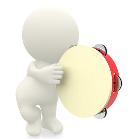 3D man playing the tambourine - isolated over a white background