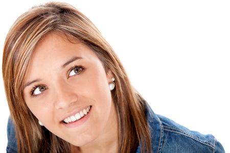 Beautiful thoughtful girl looking up - isolated over white