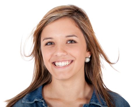 Beautiful young girl portrait smiling? isolated over a white background