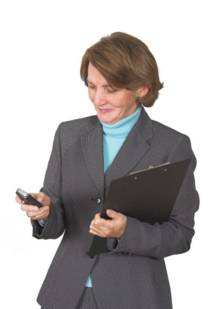business woman with folder sending sms