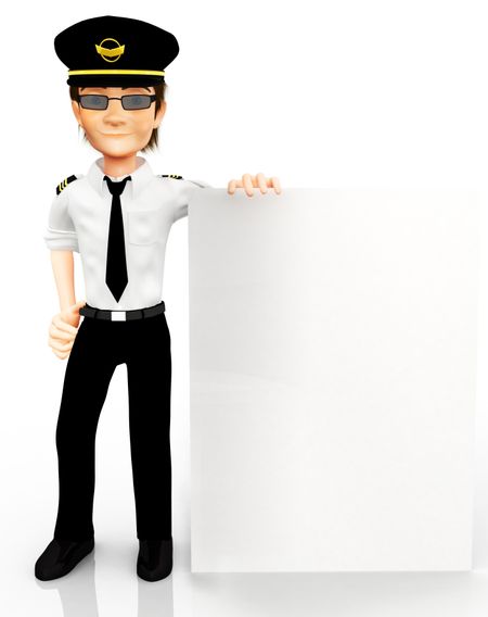 3D pilot in uniform with a banner - isolated over white
