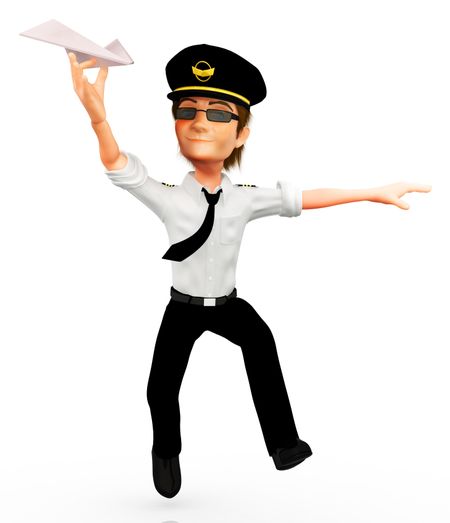 3D pilot with a paper airplane - isolated over a white background
