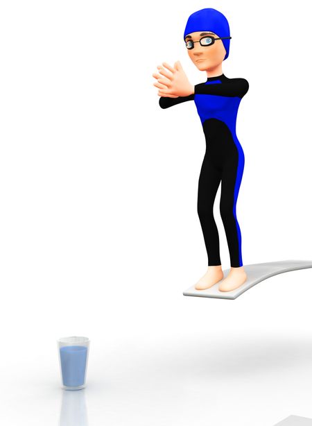 3D man diving into glass of water - isolated over a white background