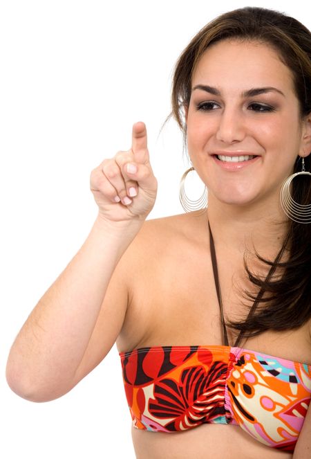 young female pointing at the screen isolated over a white background