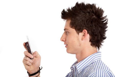 casual man texting on the phone smiling - isolated over a white background