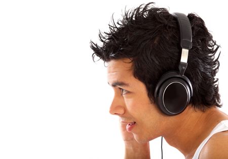 profile casual man listening to music isolated over a white background